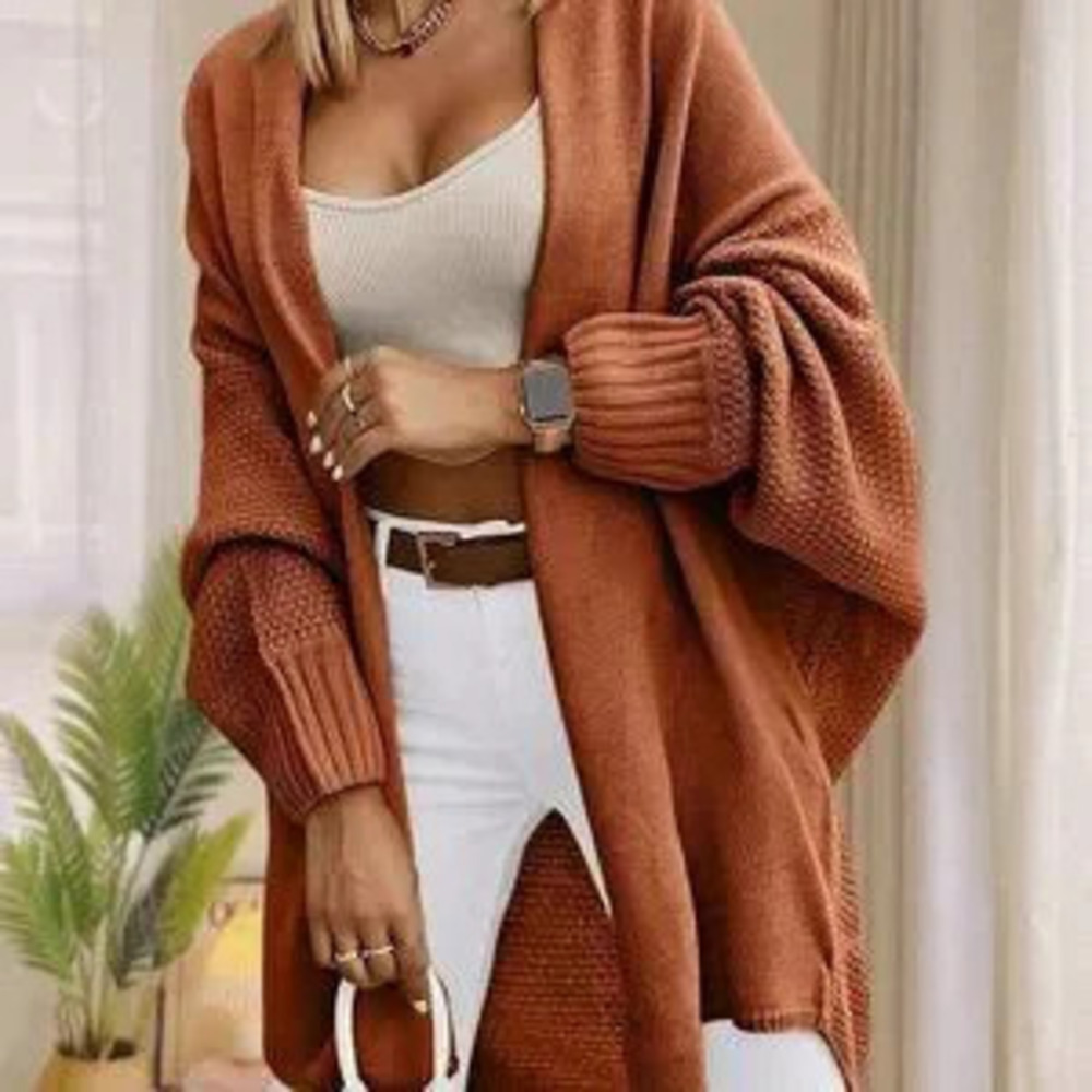 Brown Casual Women's Oversized Open Front Batwing Sleeve Sweater Cardigan